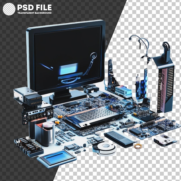 PNG Computer parts displayed with a monitor setup