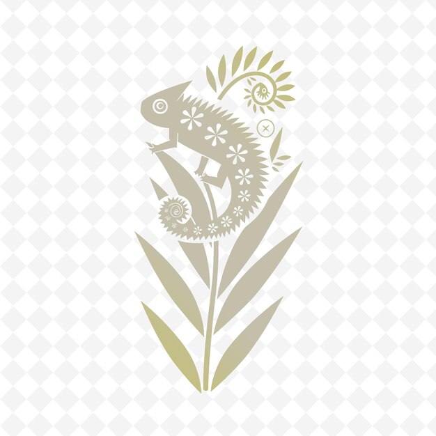 Png cone plant with chameleon tail motifs and streamlined illust outline animal and tropical leave