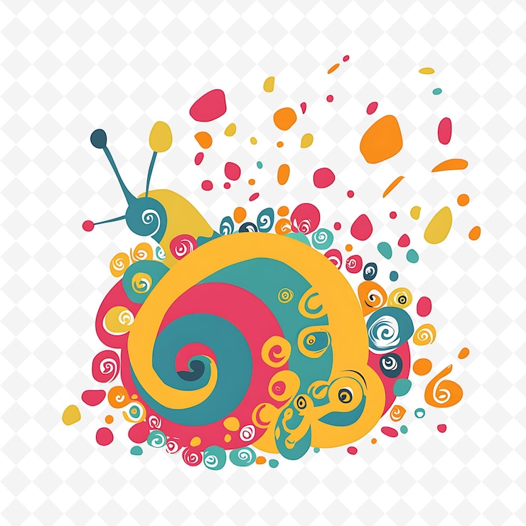 PSD png content snail with spiral shapes scattered like a garden pat flat illustration cute character