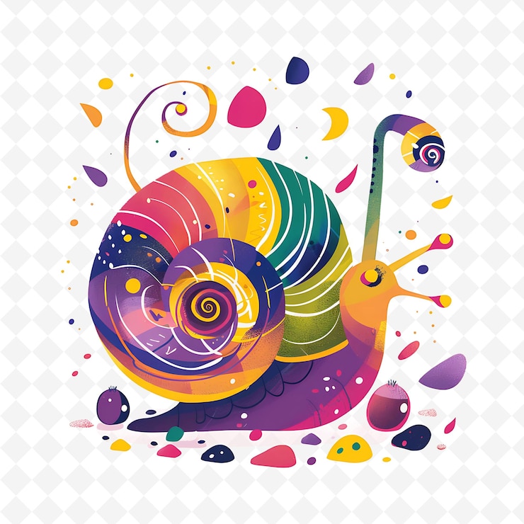 PSD png content snail with spiral shapes scattered like a garden pat flat illustration cute character