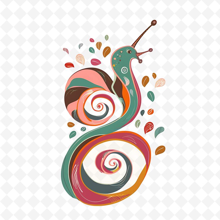 PSD png content snail with spiral shapes scattered like a garden pat flat illustration cute character
