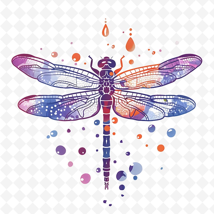 PSD png contented dragonfly with water droplet shapes scattered rand flat illustration cute character