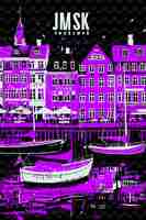 PSD png copenhagens nyhavn with charming street scene colorful build illustration citys scene art decor