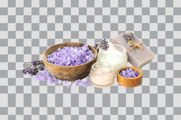PNG Cosmetische potten met roomzeep, lavendel en zeezout geïsoleerd op witte achtergrond