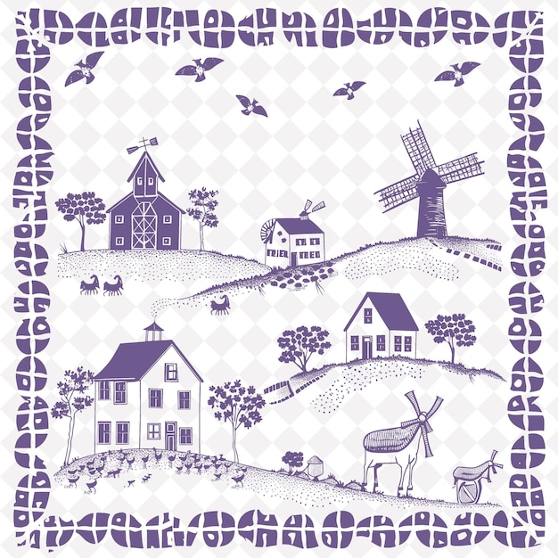 PSD png country folk art with barns and windmills for decorations in traditional unique frame decorative