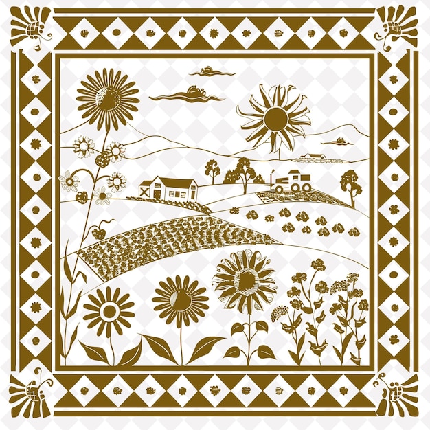 PSD png country folk art with sunflowers and quilts for decorations traditional unique frame decorative