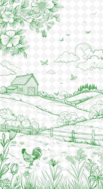 PSD png countryside postcard design met farmhouse frame style desig outline arts scribble decorative