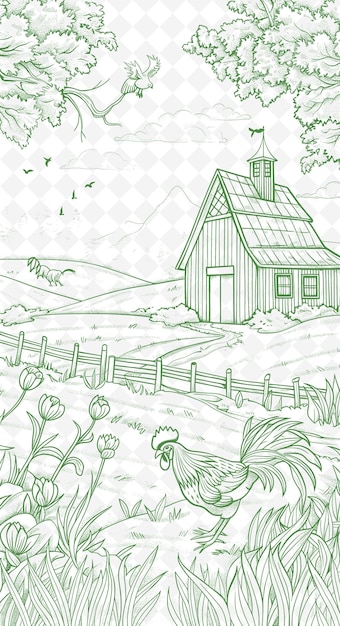 PSD png countryside postcard design with farmhouse frame style desig outline arts scribble decorative