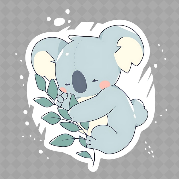 PSD png cozy e kawaii anime koala girl con una foglia di eucalipto con creative chibi sticker collection