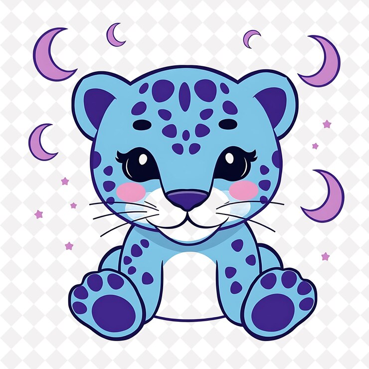 PSD png cuddly jaguar with crescent moon shapes scattered around mystical blue an cute animal design