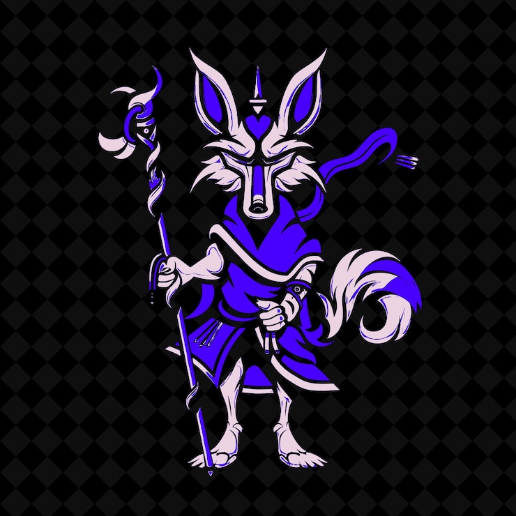 PSD png cunning jackal with a tricksters mask and staff designed wit animal mascot outline collections
