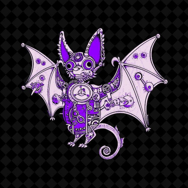 PSD png curious bat with a clockwork body and a mechanical wing illu animal mascot outline collections