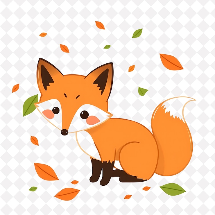 PSD png curious fox with leaf shapes scattered like confetti earthy toned cute co cute animal design