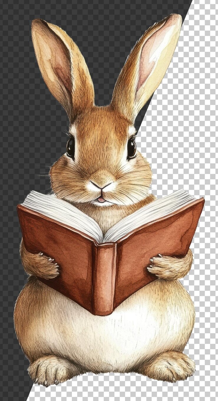 PSD png a cute rabbit reading a book while sitting down