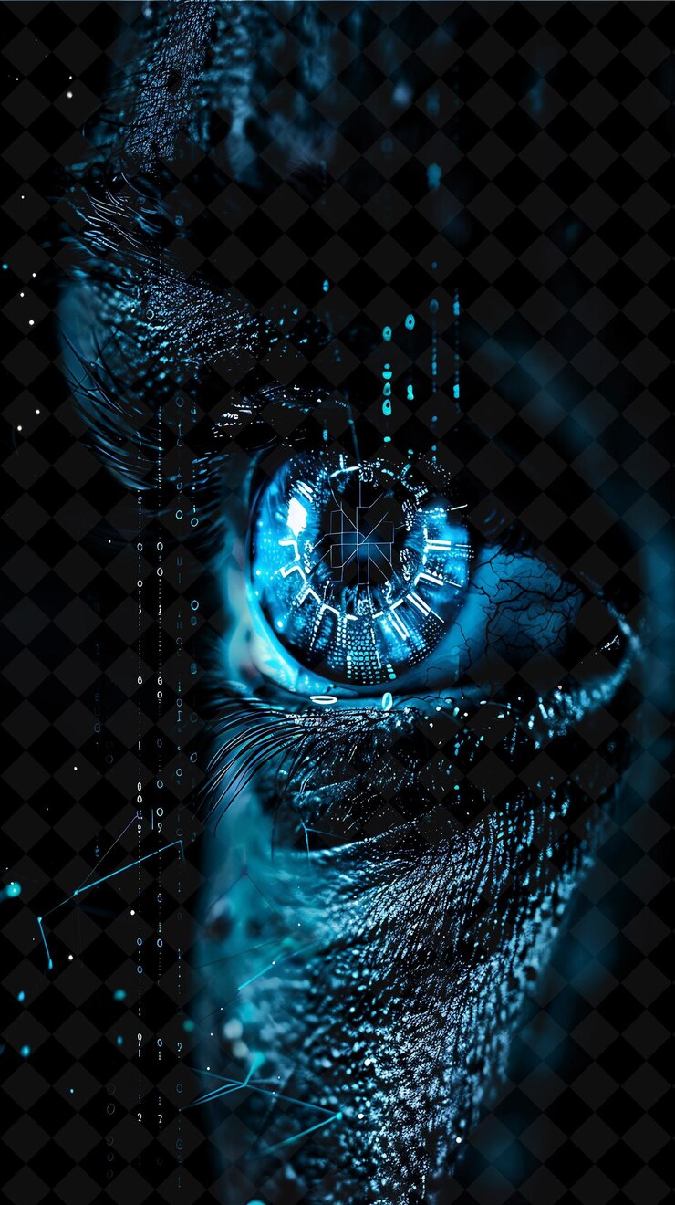 PSD png cybernetic eye frame encompassing golem with binary code and y2k neon shape on dark background