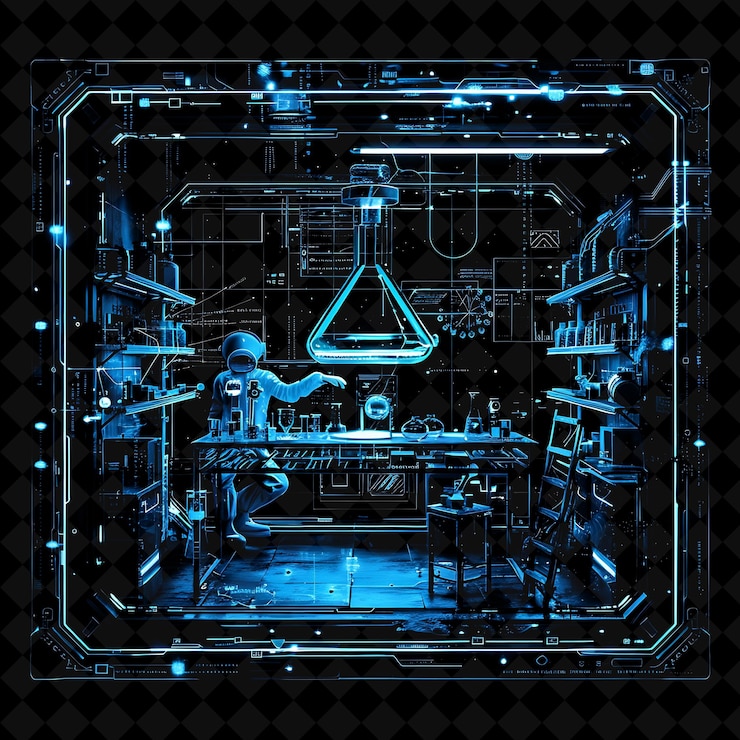 PSD png cybernetic laboratory frame with hbar symbol laboratory equi y2k neon shape on dark background
