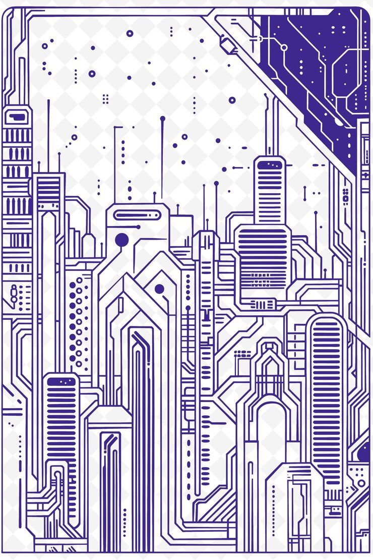 PSD png cyberpunk frame art with neon cityscape and circuit board de illustration frame art decorative