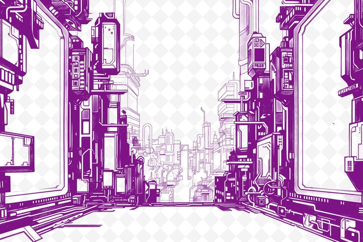 PSD png cyberpunk frame art with neon signs and futuristic city deco illustration frame art decorative