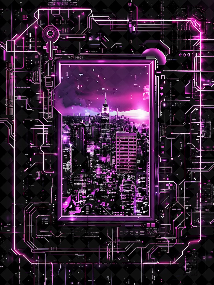 PSD png cyberpunk skyline frame encasing vechain with buildings and y2k neon shape on dark background