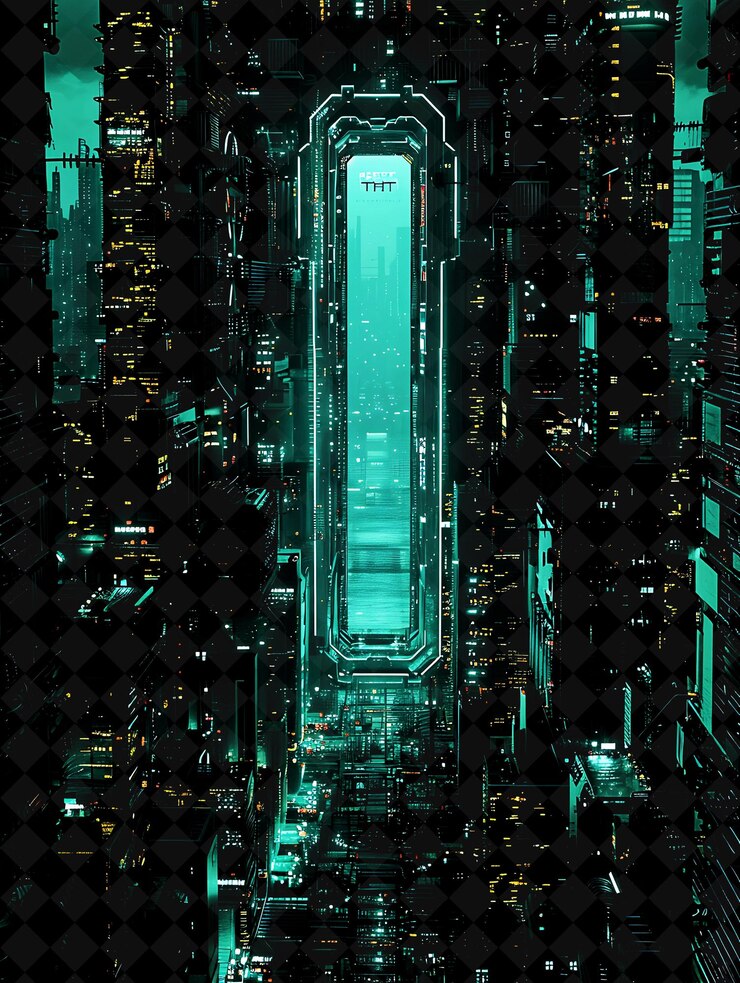 PSD png cyberpunk skyscraper frame with theta logo futuristic skyscr y2k neon shape on dark background