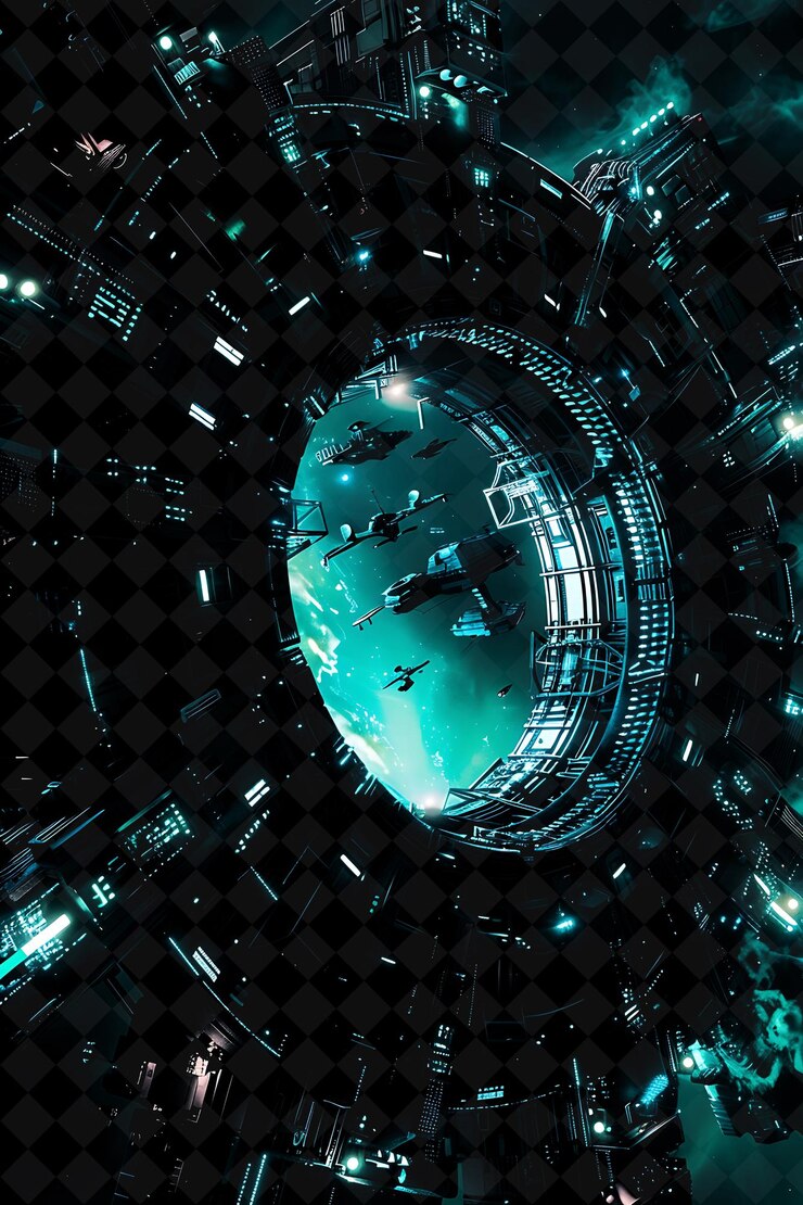 PSD png cyberpunk space station frame with polymath logo space stati y2k neon shape on dark background