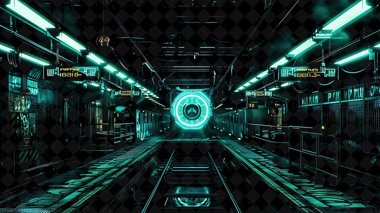 PSD png cyberpunk train station frame with fantom logo futuristic tr y2k neon shape on dark background