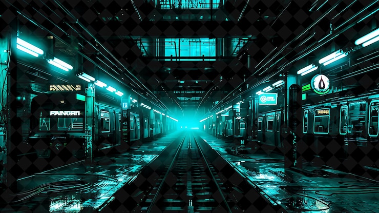 PSD png cyberpunk train station frame with fantom logo futuristic tr y2k neon shape on dark background