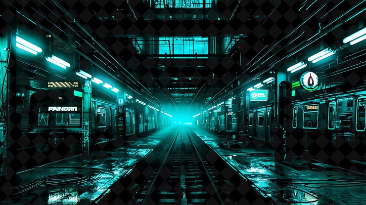 PSD png cyberpunk train station frame with fantom logo futuristic tr y2k neon shape on dark background