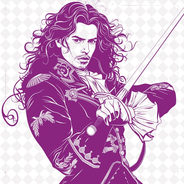 PSD png dartagnan met een rapier dashing en zelfverzekerd poseren met een middeleeuwse krijger karakter vorm