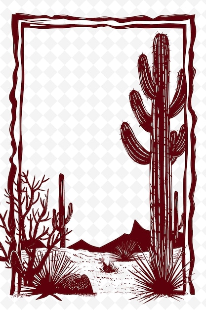 PSD 砂漠テーマのフレームアート カクタスとコヨーテの装飾 b イラスト フレームアート装飾