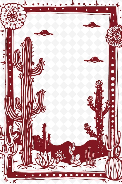 PSD png desert themed frame art with cactus and coyote decorations b illustration frame art decorative