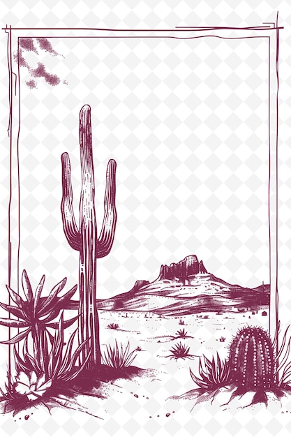 PSD png desert themed frame art con decorazioni di cactus e coyote b illustration frame art decorative