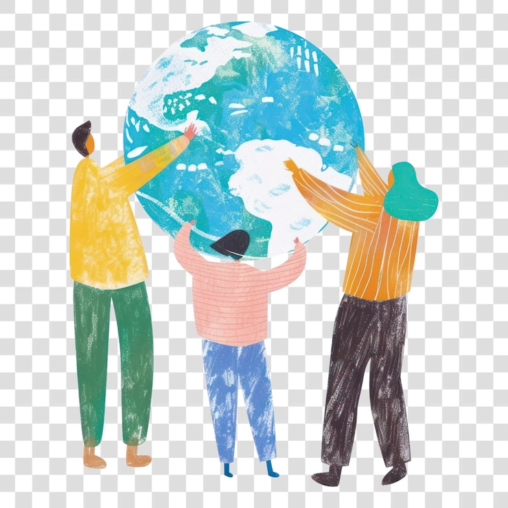 PSD png diverse people holding earth illustration