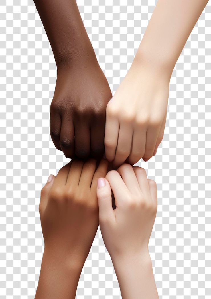 PSD png a diversity of four hands finger togetherness massage