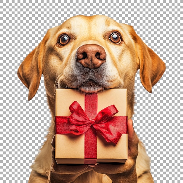 png dog holding gift box with ribbon on transparent background ai generated