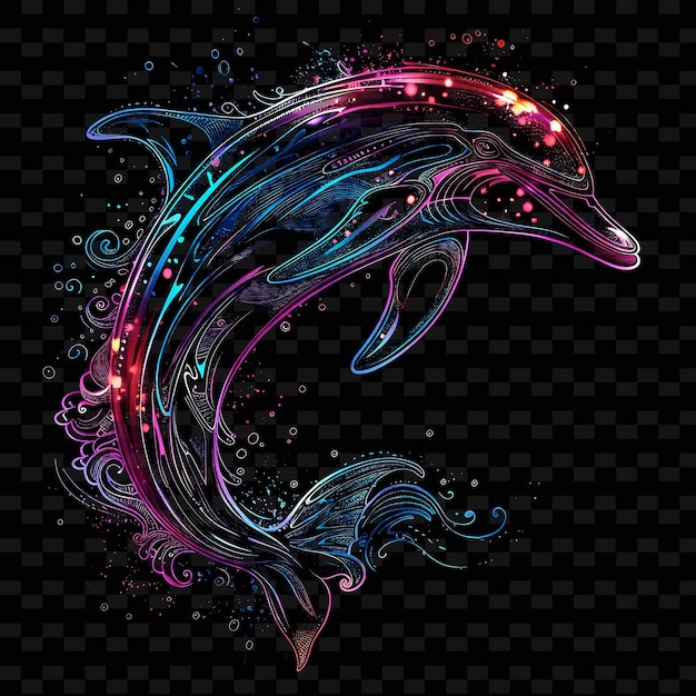 PSD png decalco a forma di delfino con emblemi di delfini e con radi creative neon y2k shape decorativea