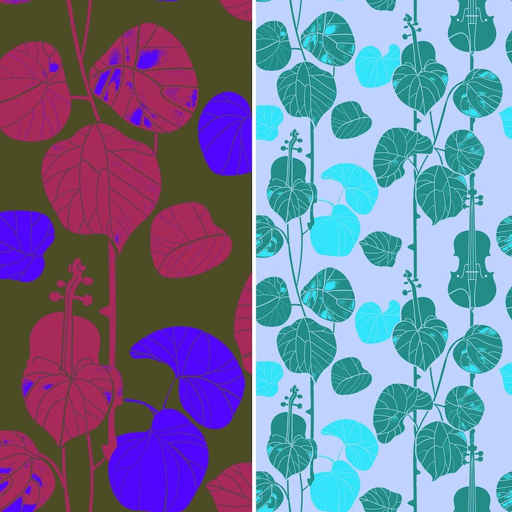 PSD png dramatic fiddle leaf fig leaves with violin shaped silhouett nature pattern outline art design