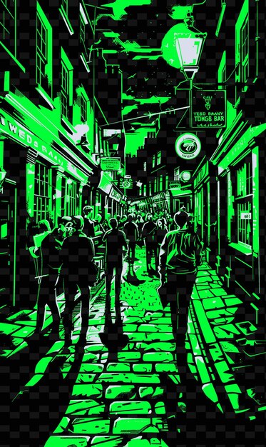 PSD png dublins temple bar con vibrante scena stradale pubs musica dal vivo illustrazione cittas scena decorazione artistica