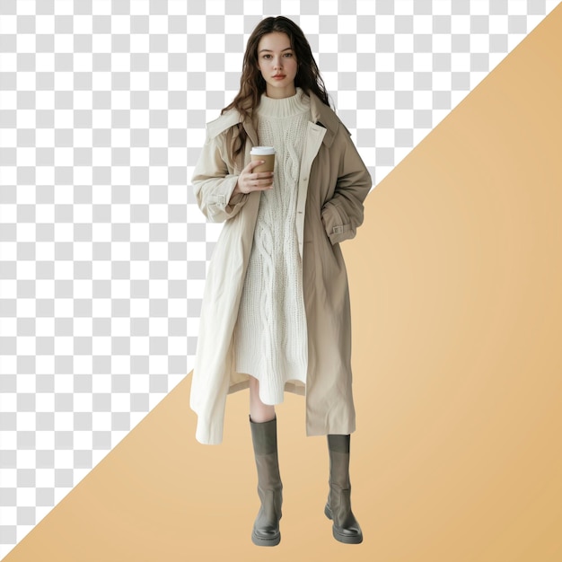 PNG Een aantrekkelijke vrouw in een witte breijurk en een te grote trenchcoat kop koffie