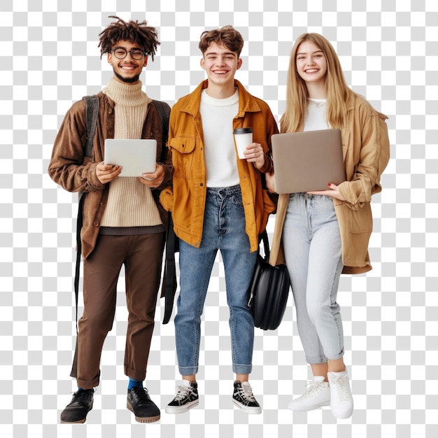 PNG Een groep gelukkige jonge mensen die kleding dragen en laptops vasthouden
