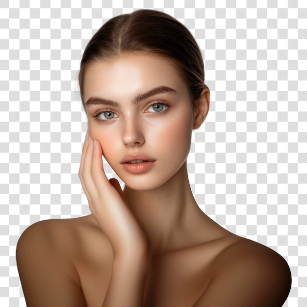 PNG Een vrouw raakt voorzichtig een kant van haar wangbeen aan achtergrondfoto portret