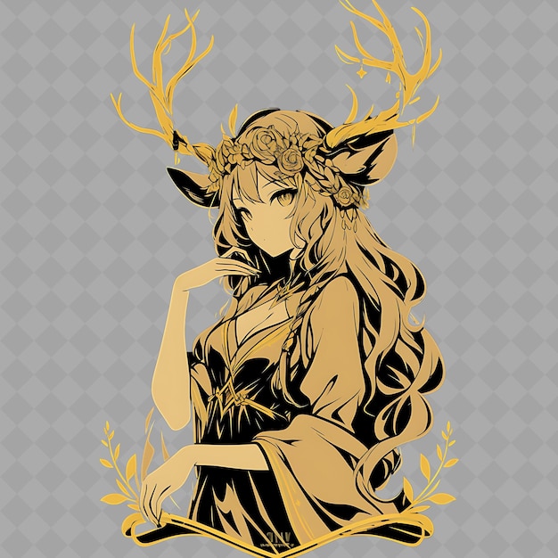 PSD png elegant and poised anime deer girl with antlers and a flower kreatywna kolekcja naklejek chibi