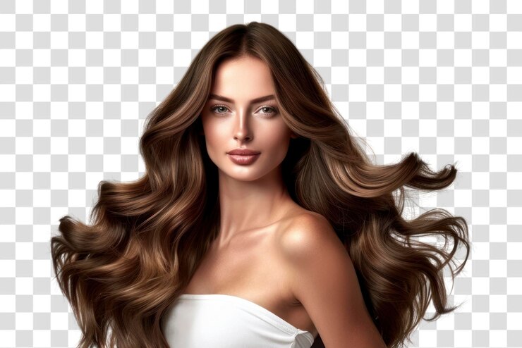 PSD png elegant woman with flowing hair