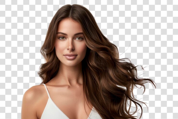 PSD png elegant woman with flowing hair