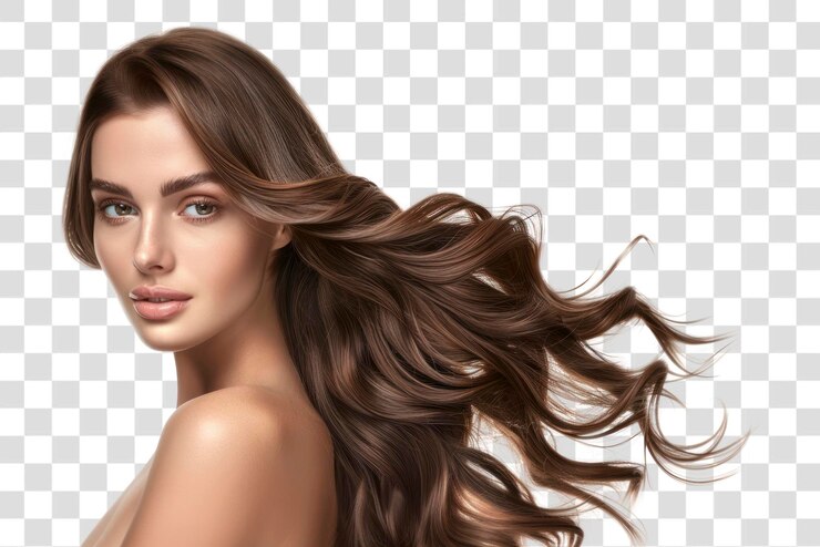 PSD png elegant woman with flowing hair