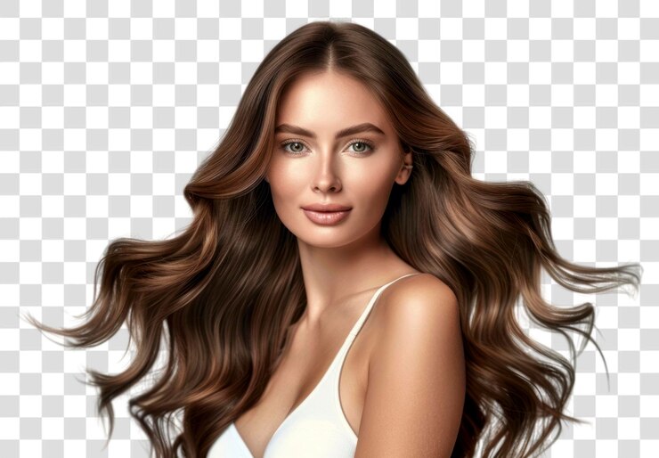 PSD png elegant woman with flowing hair