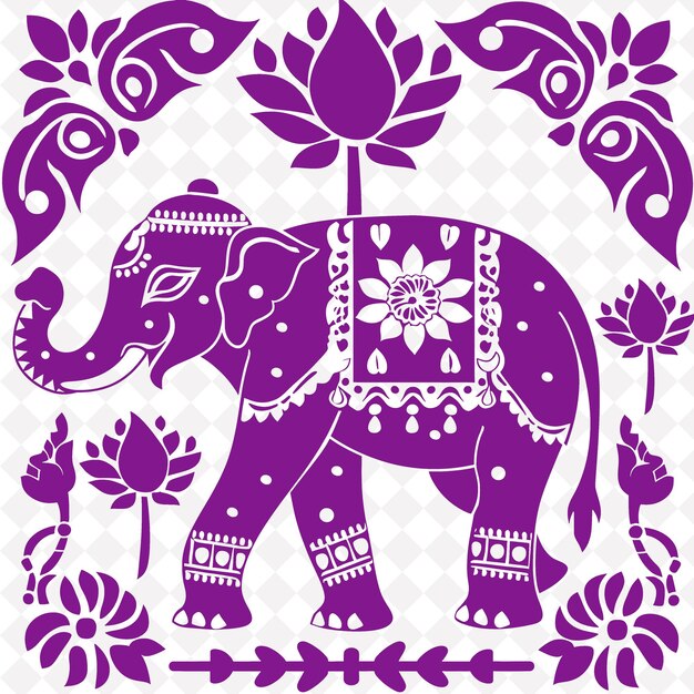 PSD png elephant folk art with lotus flowers and indian motifs for d illustration outline frame decor