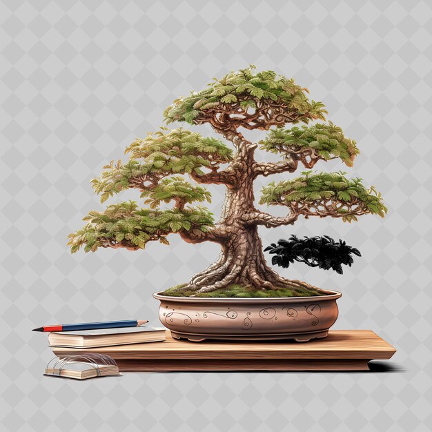 PSD png elm bonsai drzewo drewniany garnek ząbkowane liście mądrość koncepcja ru przezroczyste różnorodne drzewa dekoracja