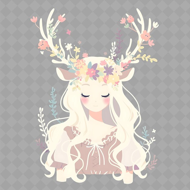 PSD png enchanting i kawaii anime deer girl z rogami jelenia i creative chibi sticker collection