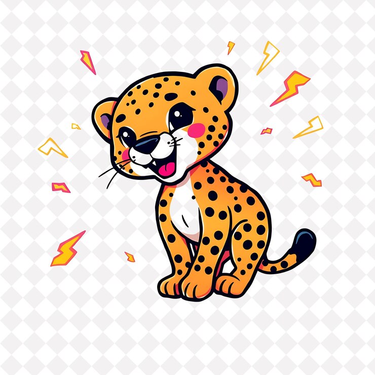 PSD png energetic cheetah with lightning bolt shapes scattered around electric ne cute animal design